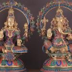 Pure Brass Ganesh Lakshmi Idol Pair with Meenakari Stonework – 27" Height